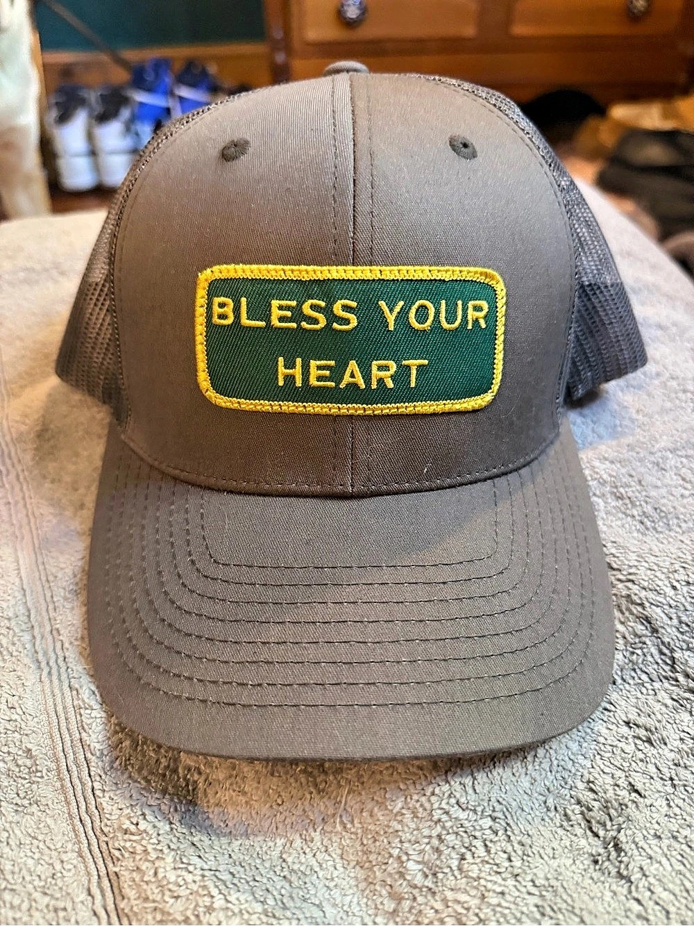 Black Dog Overland Bless Your Heart Mesh Snapback Gray Trucker Hat Like New
